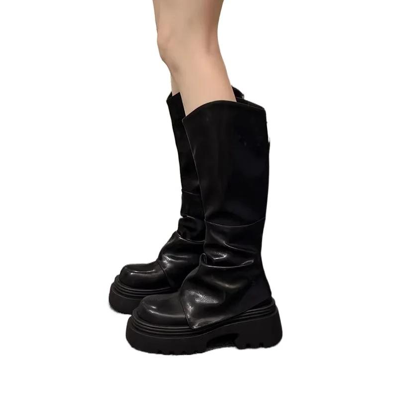 Женские ботинки с толстой подошвой и высоким голенищем, осенне-зимние, коричневые, ботинки-штаны, маленький размер, ботинки в рыцарском стиле, простой стиль