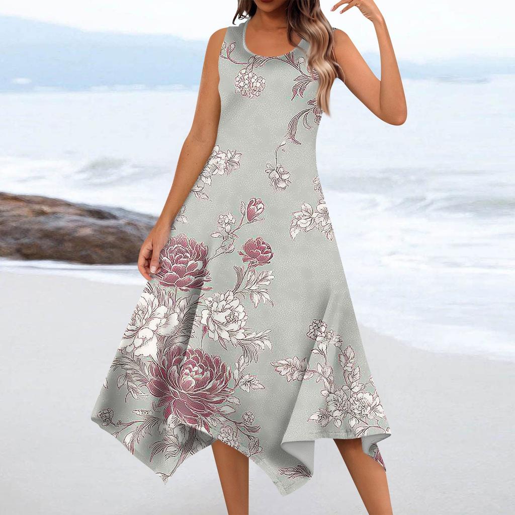 Женское повседневное модное платье миди без рукавов с круглым вырезом и цветочным принтом, нерегулярный подол