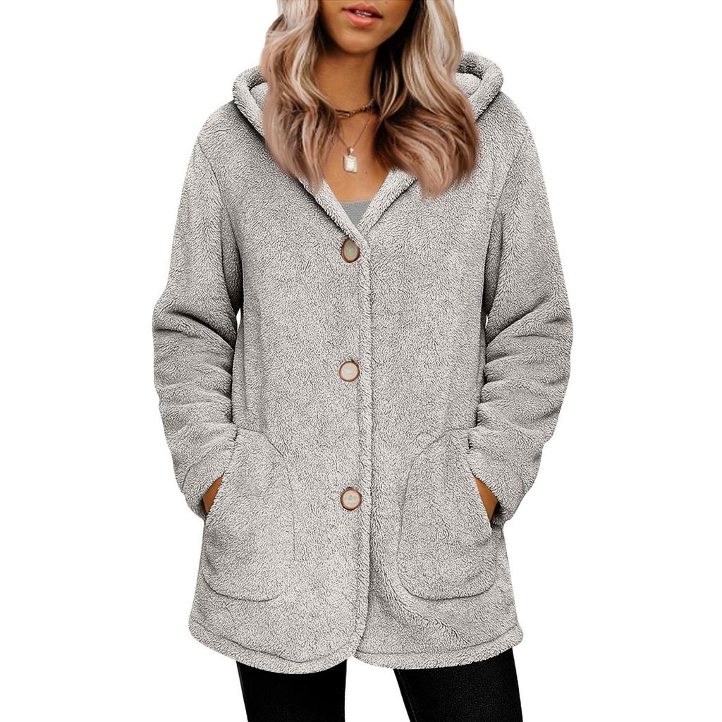 Women's Fashionable Solid Color Long Sleeved Pocket Loose Hooded Button Plush Jacket