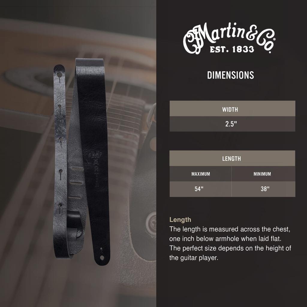 Martin Vintage Leather Straps Black 18A0064 Martin Vintage Leather Guitar Strap Black Lightweight Leather Strap with Logo – 100% C.F.
