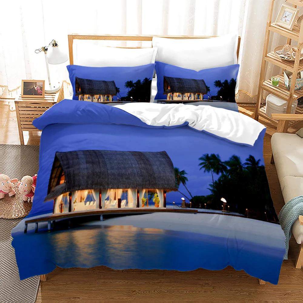 Beach Setting Sun Duvet Cover Set Tropical Island With The Palm Tree And Sea Beach Nature Theme Queen Size Quilt Cover
