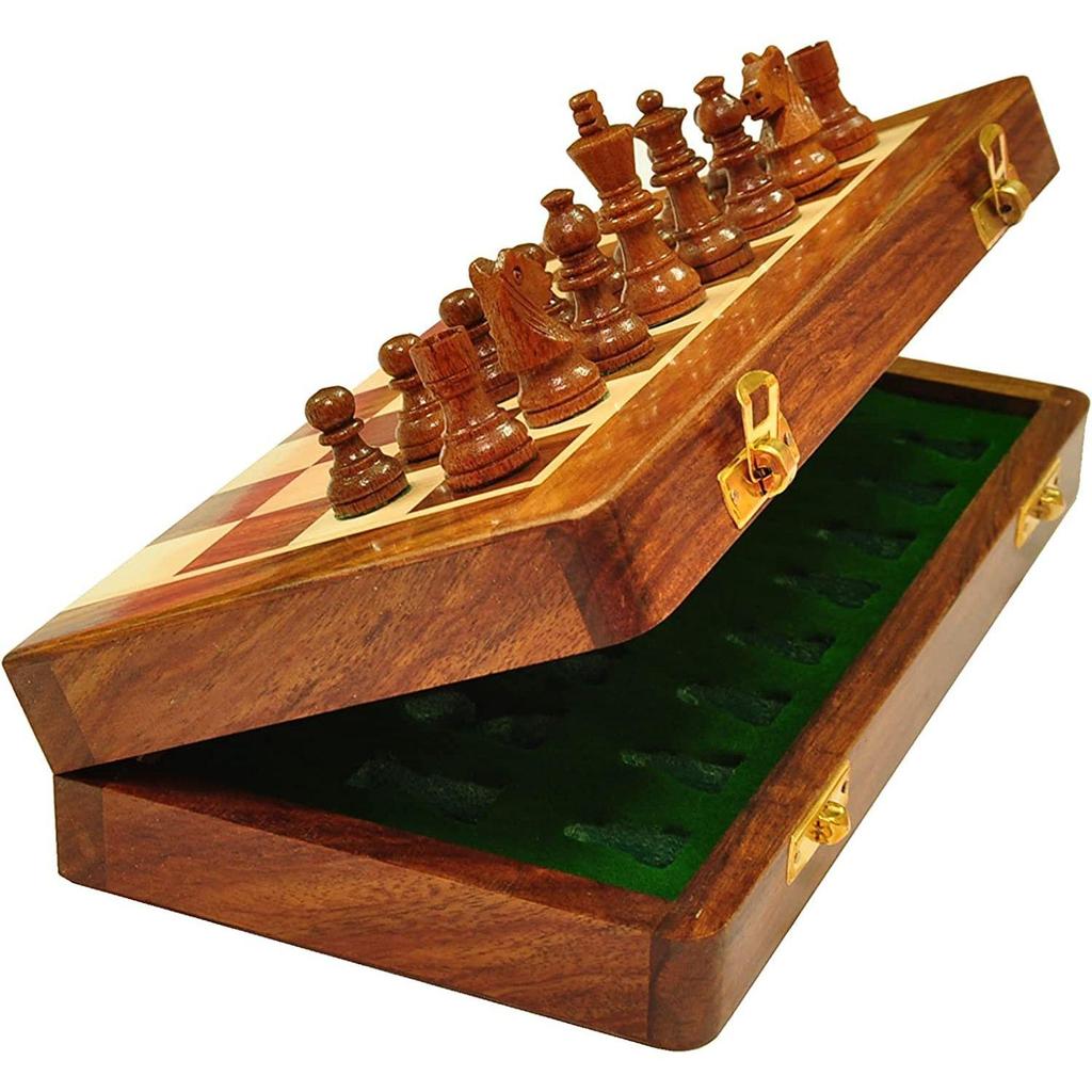Wooden Handcrafted Foldable Magnetic Chess Board Set with Magnetic Piece and Extra Queens for 2 Players Kids and Adults (10x10 Inches, Brown).