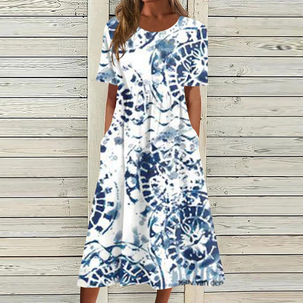 Жен. Повседневные платья Платья с принтами Летние платья С принтами Плиссированные платья-миди с круглым вырезом Классический Классический На открытом воздухе Повседневные С короткими рукавами Свободные платья