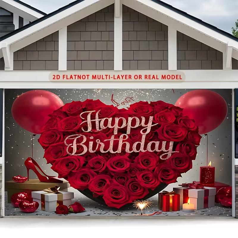 2D Red Rose Birthday Backdrop, Red Balloons & Gifts Photo Booth Background