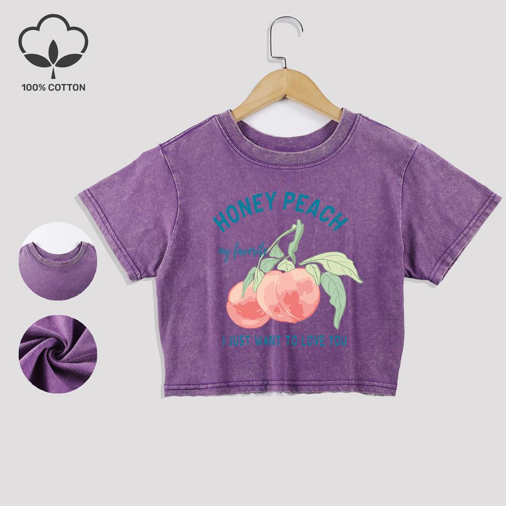 Принты с иллюстрацией персика и надписью 'Honey' Хлопковые укороченные футболки Летние футболки с кружевной отделкой Потертые топы с круглым вырезом Повседневная одежда