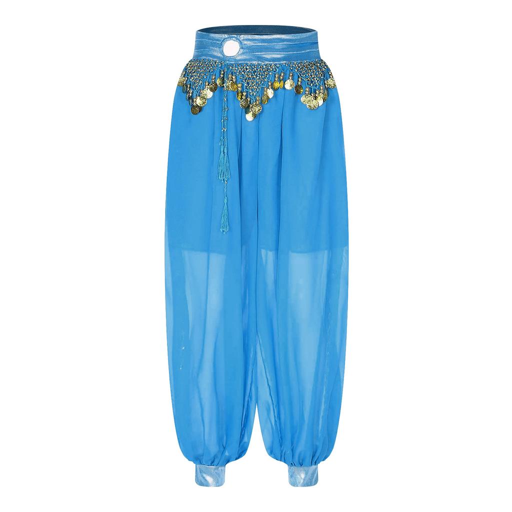 Womens Belly Dance Costume Chiffon Bloomers Plastic Beads Tassels Metallic Ruched Waistband Side Split Pants