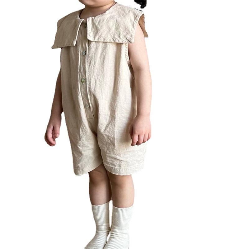 Детский корейский летний комбинезон: Большой лацкан, без рукавов, свободный крой, для мальчиков и девочек, маленький/средний
