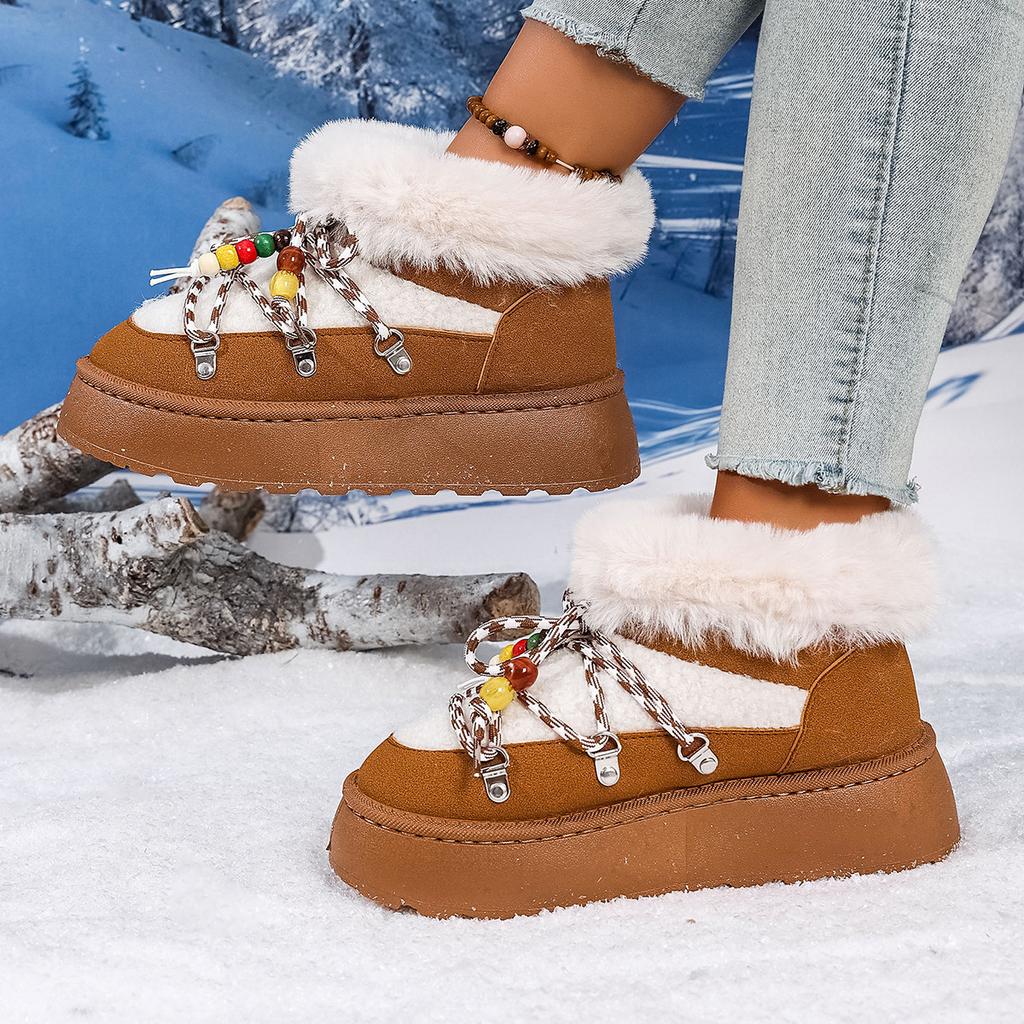 2025 Осень/Зима Новые Снежные Ботинки Женские На Шнуровке Спереди Толстая Подошва Флисовые Утепленные Короткие Ботинки Теплая Хлопковая Обувь