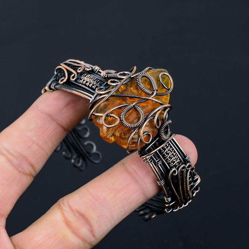 Baltic Amber Gemstone Pure Copper Wire Wrapped Handmade Cuff/ Bangle Jewelry For Gift