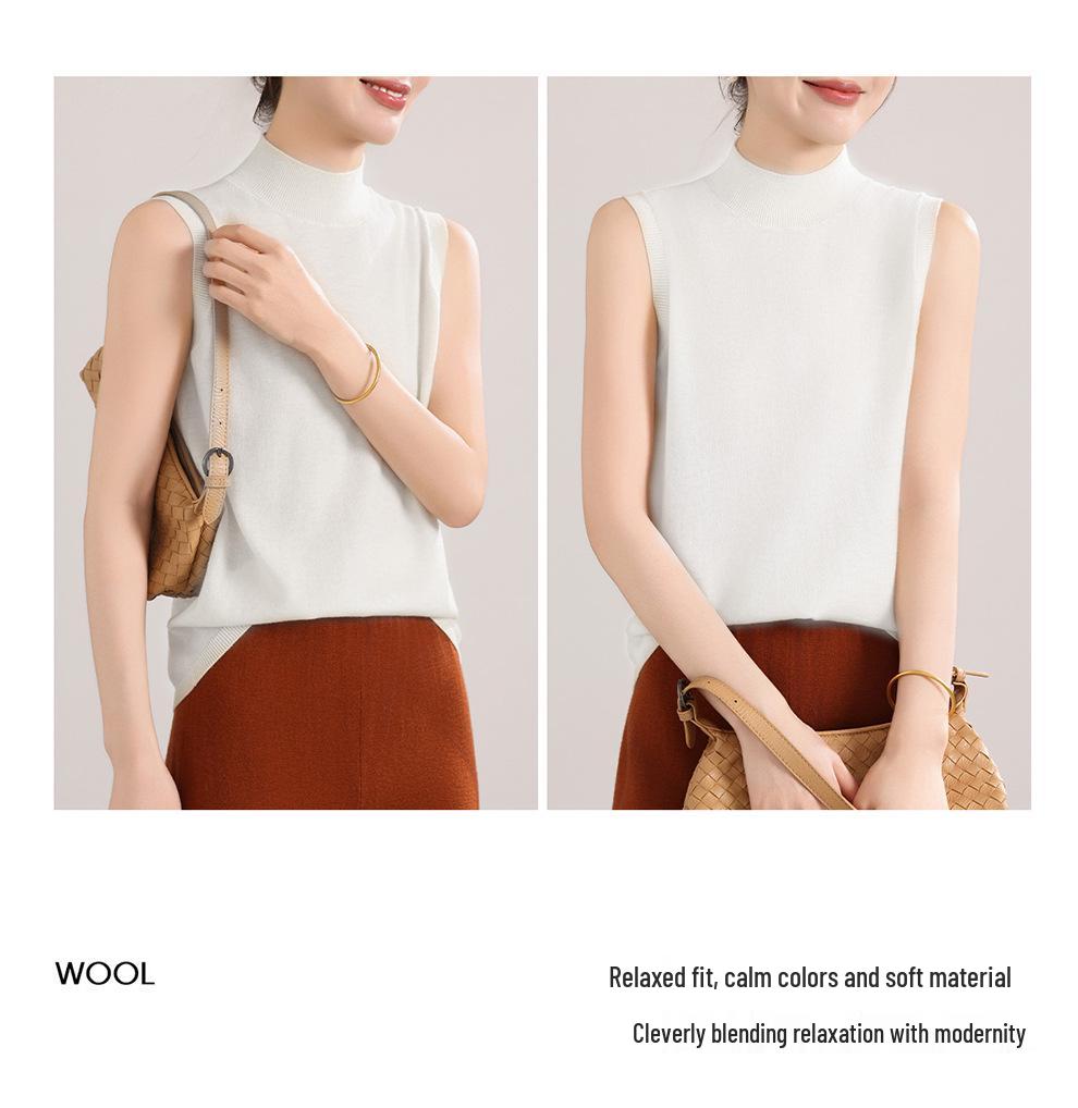 Women's Sleeveless Fine Knit Wool Sweater - Versatile High Collar Spring/Autumn Knitwear