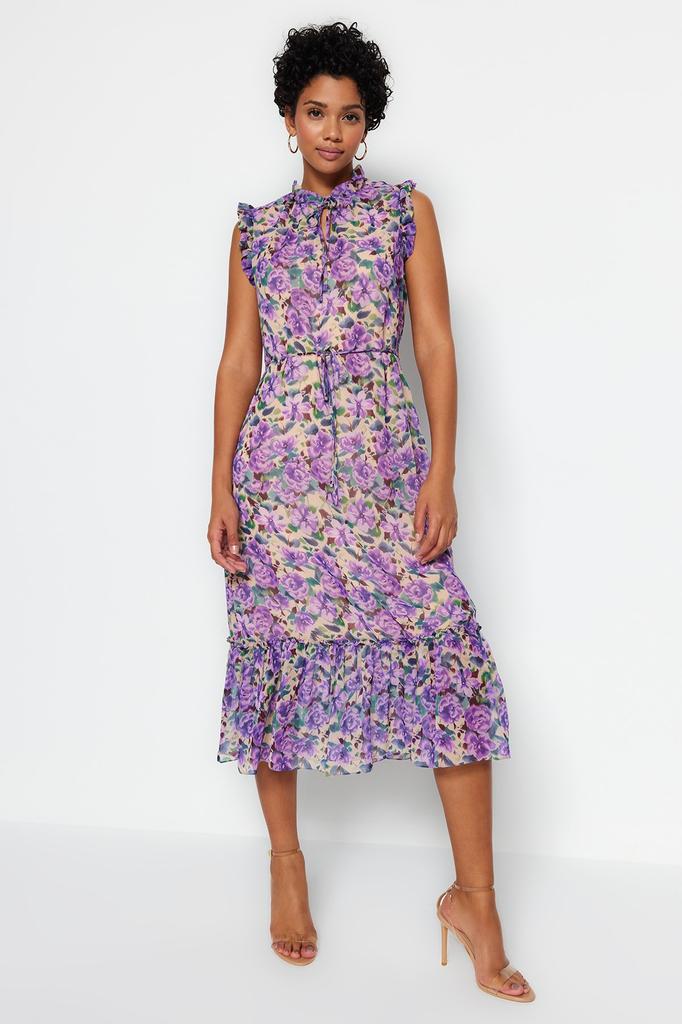 Женское модное новое платье Желтое шифоновое тканое платье трапециевидной формы с цветочным узором на подкладке миди