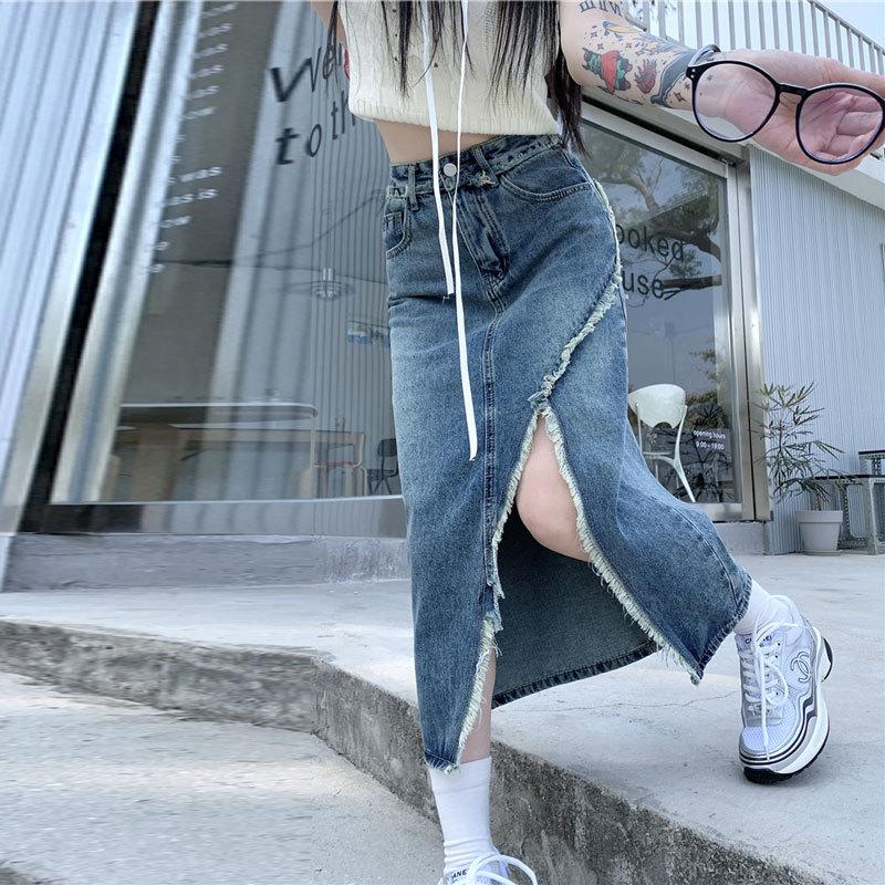 Разрез нерегулярный женский необработанный край винтажный повседневный средней длины с высокой талией А-силуэт пакет бедра юбка универсальная удобная модная джинсовая юбка-бюстье