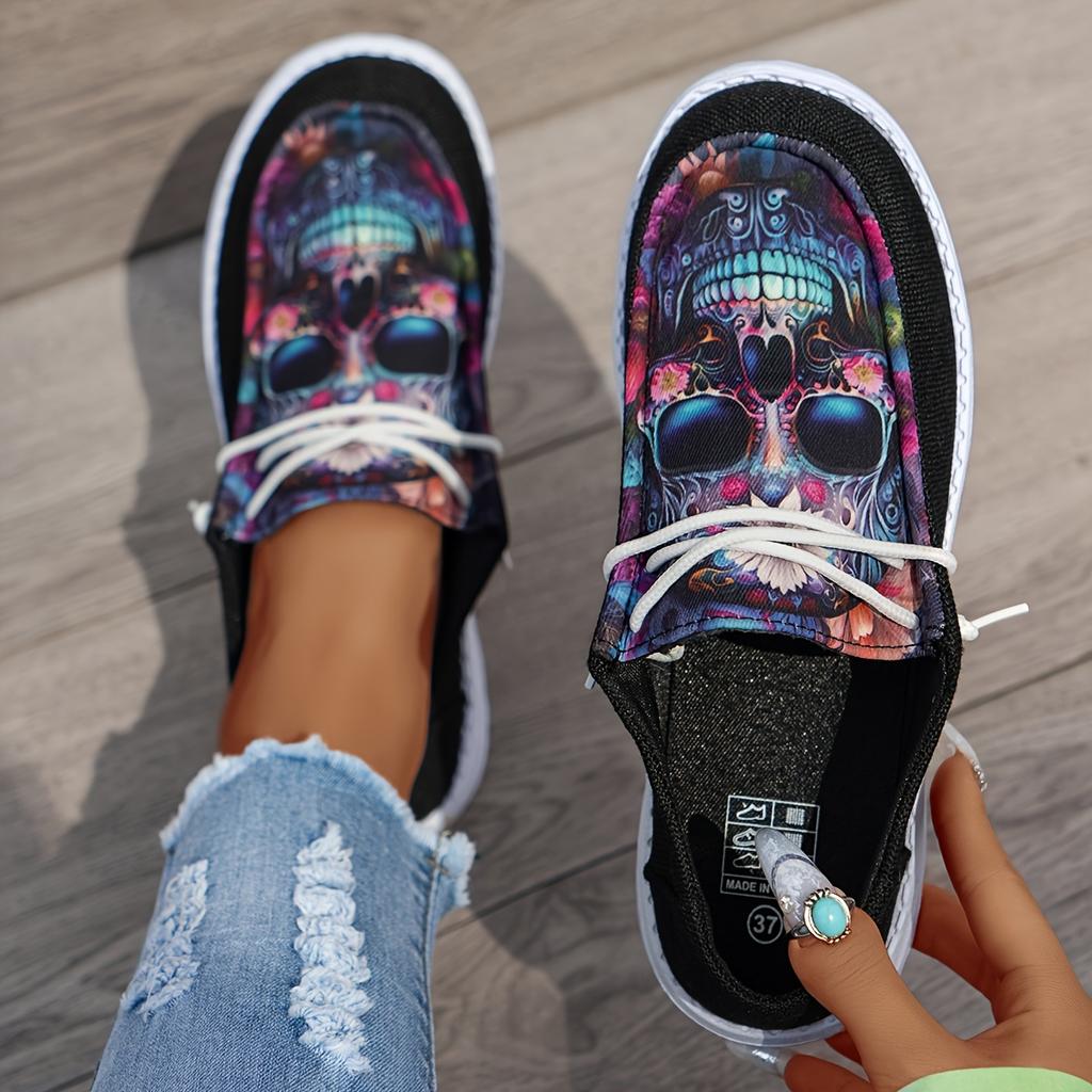 Женские парусиновые туфли с рисунком черепа, легкие прогулочные туфли с мягкой подошвой, туфли на Хэллоуин с круглым носком