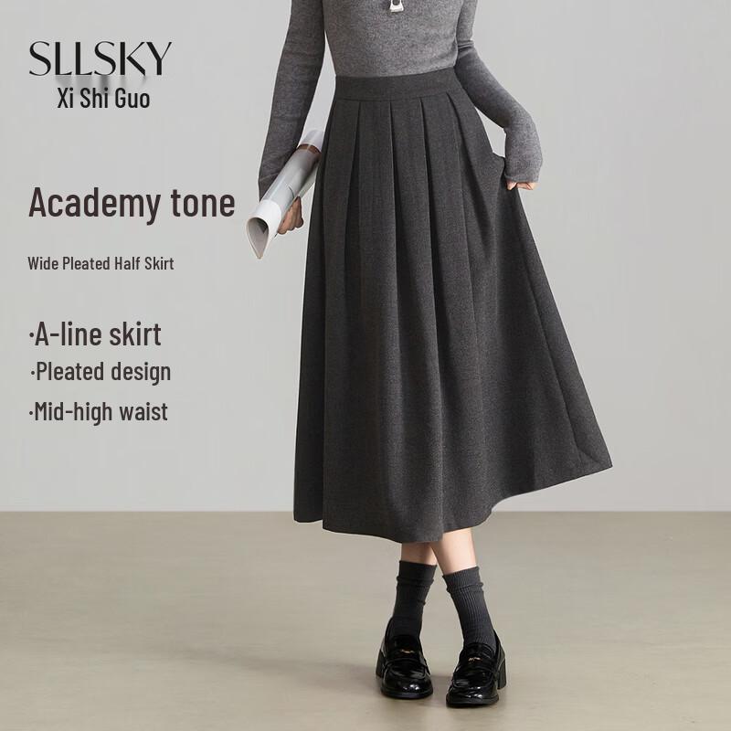 Юбка-трапеция в стиле SLLSKY Academy с высокой талией из смесовой шерсти с плиссировкой