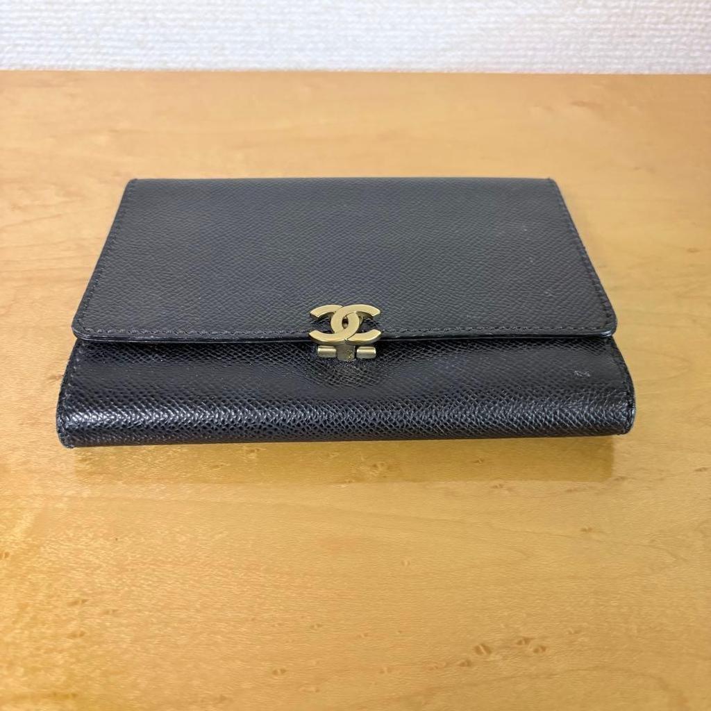 Used 【Rare】Chanel Caviar Skin Coco Mark W-Hook Trifold Wallet Black