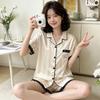 Black high-end lace edge ice silk pajamas women's summer jacquard striped loungewear short-sleeved two-piece set
