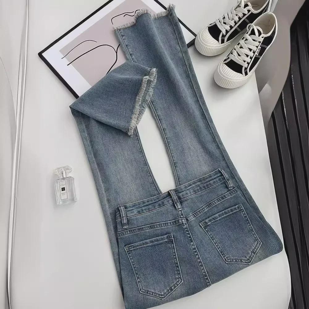 High-Waist Slim Flared Jeans for Women - Summer Retro Style with Raw Edge