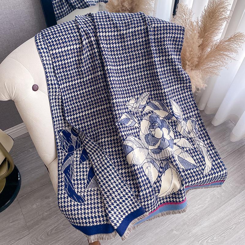Imitation Cashmere Camellia Thousand Bird Grid Double-Sided Thermal Air Conditioner Shawl Winter Versatile Decorative Scarf