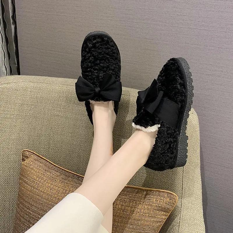 Fashion Women Moccasin Shoes Bow-Knot Slip-on Female Footwear Clogs Platform Loafers Fur Round Toe Casual Sneaker Winter Moccasins Butte