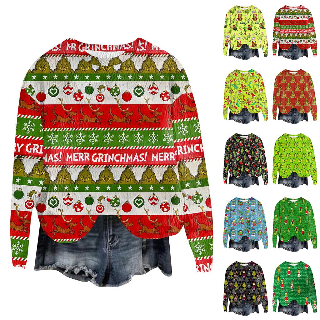 Women's Fashion Round Neck Pullover Top Long Sleeve Tee Christmas Printed Sweatshirt