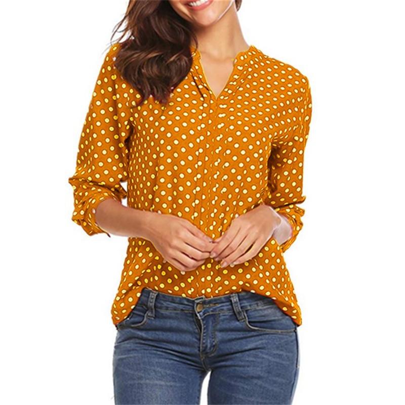 Womens Long Sleeve Dot Print Cotton Linen Shirt With U Neck For Casual Office Wear