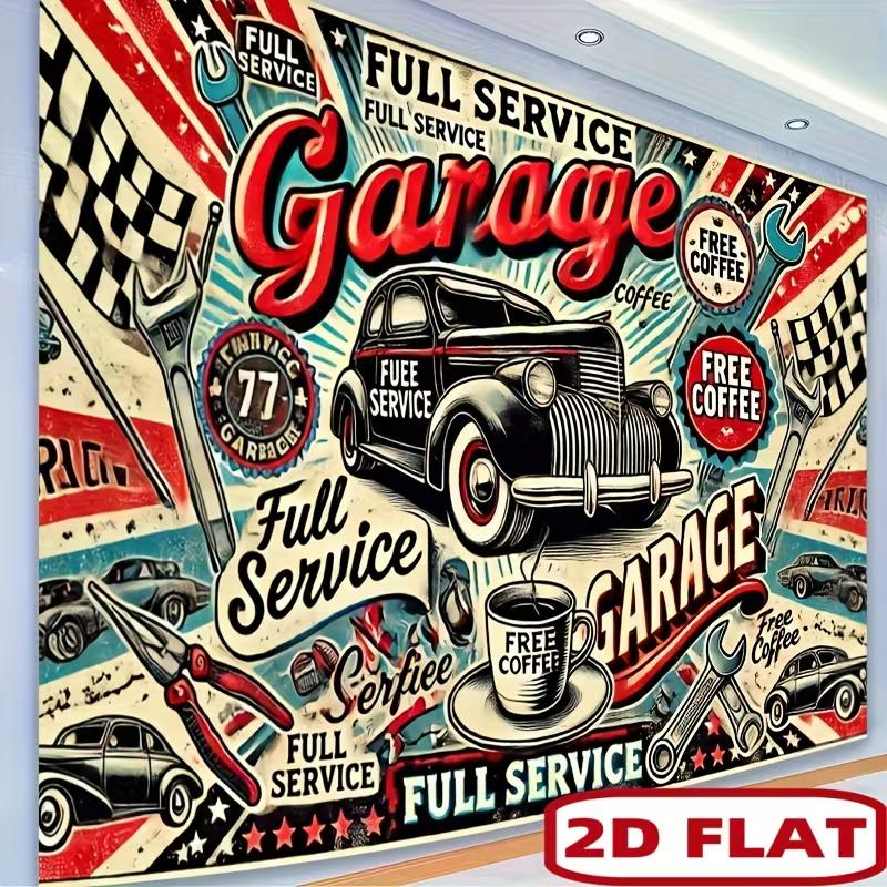 2D Flat Printing Retro Garage Backdrop for Man Cave & Mechanic Shop