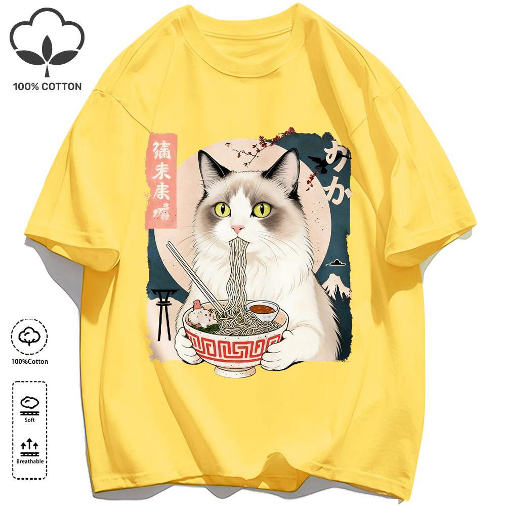 Puppet Cats Who Like To Eat Lamian Noodles T-Shirt Unisex Cotton O-Neck Tee Summer Loose Clothing Fashion Unisex Retro Short Sleeve