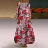 Spring Autumn Cotton Linen Vacation Pattern Maxi Dresses Holiday Travel Vintage Round Neck Long Sleeve Dress Women