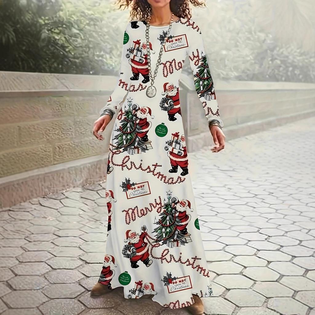 LYRIA Christmas Theme Long Sleeve Round Neck Dress Elegant Commute Style Polyester Fabric Printed Pattern Color Block Autumn Winter