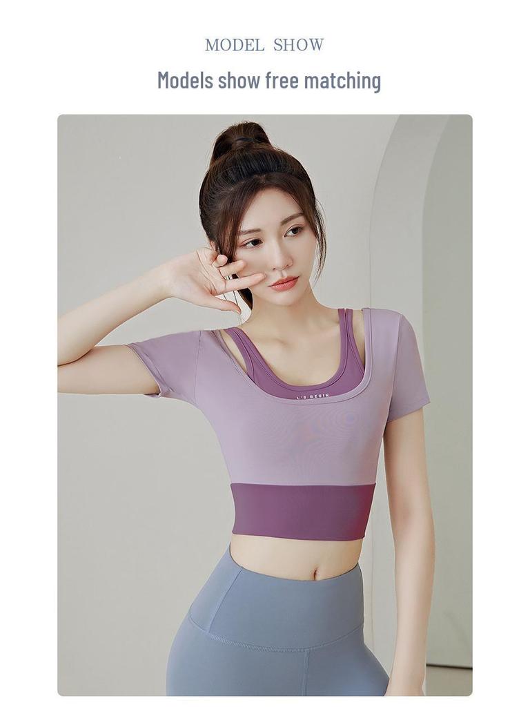 Women's Color Block Two-Piece Short Sleeve Quick-Dry Sports Yoga Top
