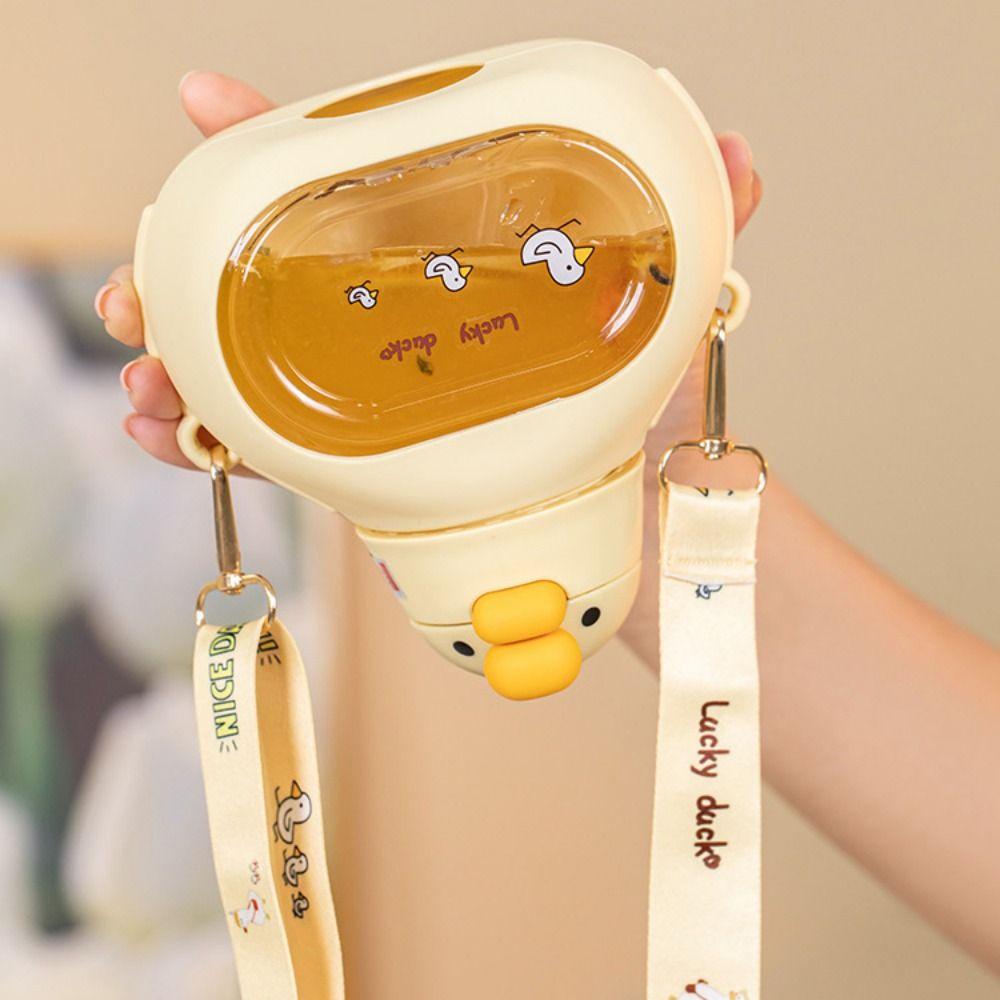 with Straw Cute Duck Bottle Carried with Straps Large-Capacity Big Belly Cup Running