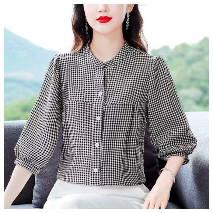 Женская модная красная клетчатая блузка со стойкой - Семь рукавов, свободный крой для лета 2025