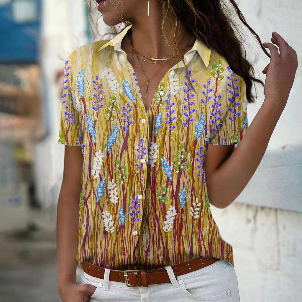 2025 Summer New Fashion Women's Plant Printed Short Sleeve V-neck Casual Button-down Shirt Top