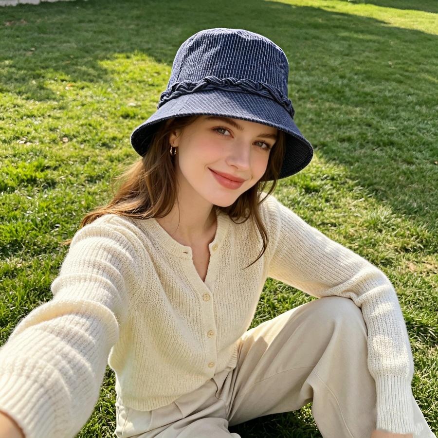 Summer Sun Protection Bucket Hat for Women, Wide Brim Plaid Lace-Trimmed, Lightweight Breathable, Perfect for Travel, Beach, and Outdoor Photo