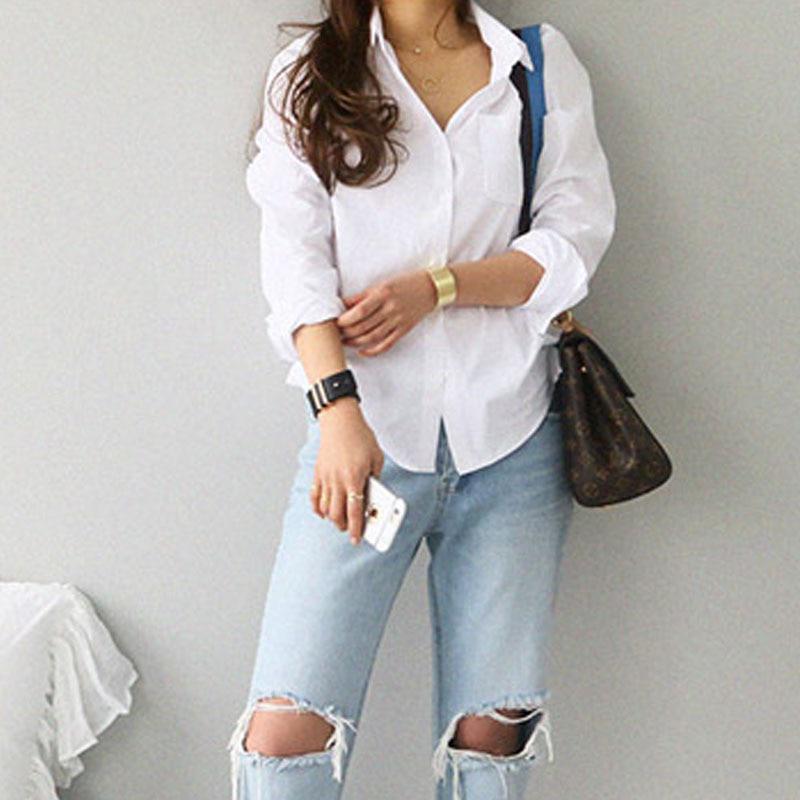 Cotton Women Shirts And Blouses Long Sleeve White Shirt Tops Casual Turn-down Collar OL Style Loose Woman Blouse