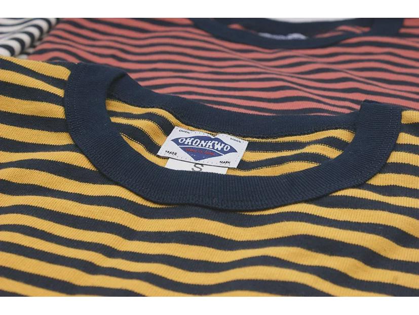 Летняя полосатая мужская футболка цвета хаки и морской волны OKONKWO