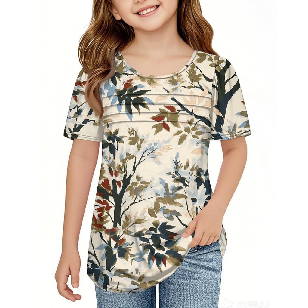 Детские футболки-складки, летние футболки с короткими рукавами и круглым воротником, с принтом цветов, пальто для отдыха