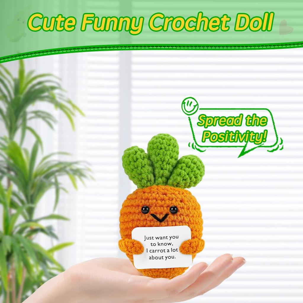 Positive Crochet Carrot Doll with Affirmation Card Home Room Decoration Funny Handmade Plush Wool Doll Ornaments Christmas Gifts