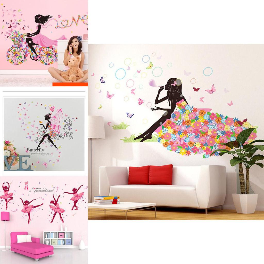 Очаровательные ПВХ наклейки на стену с рисунками девочки, бабочек и цветов для детской комнаты