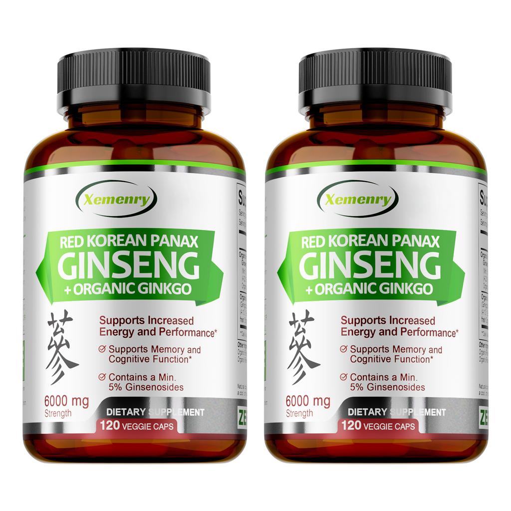 XEMENRY Organic Ginseng Capsules, 6000mg Potency, with Ginkgo Biloba Extract, High-Potency Formula