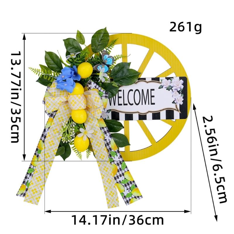 Artificial Spring Wreath with Welcome Wheel, Bowknot Flower Wreath for Front Door, Wedding, Garden Outdoor Decorations