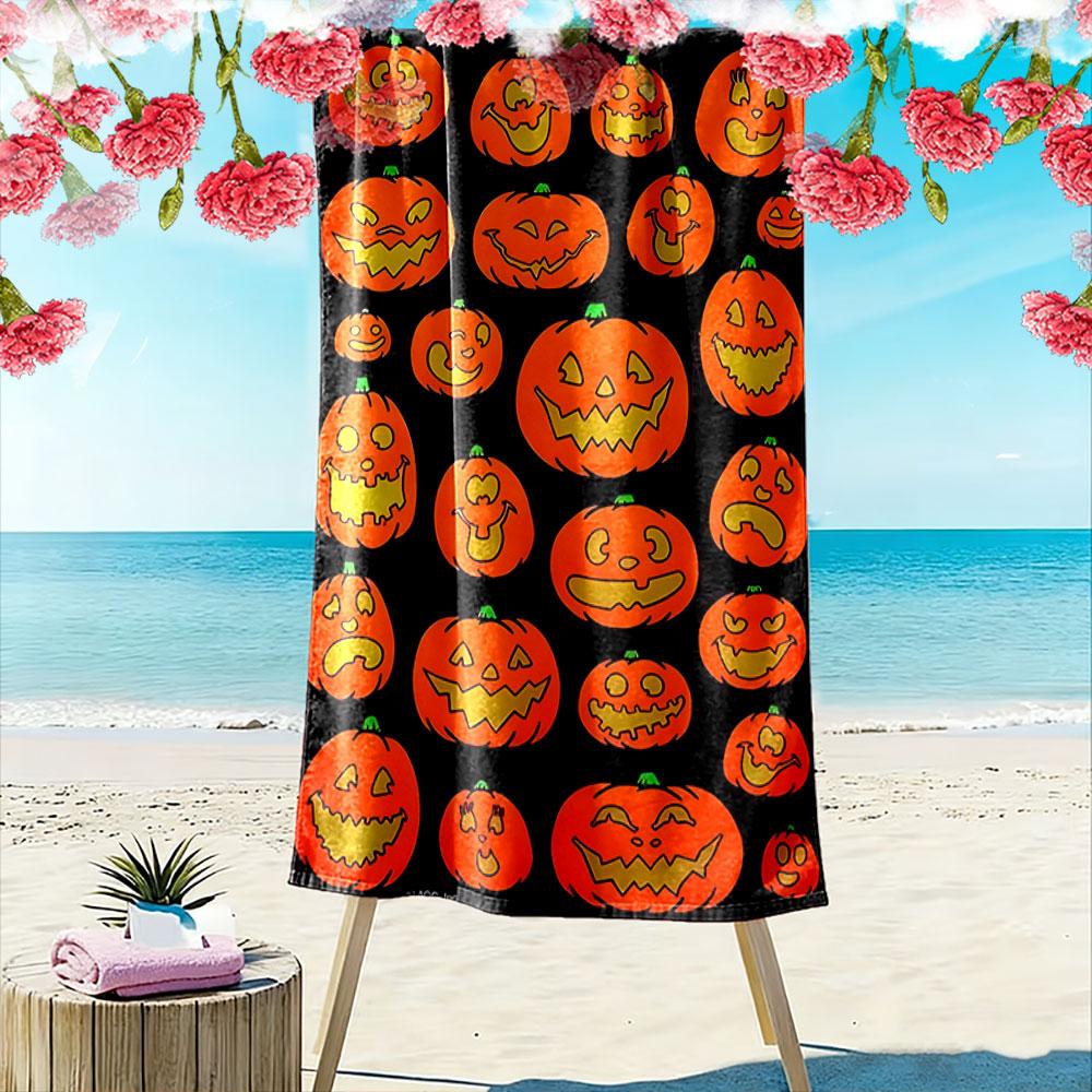 Glowing pumpkin smiles galore Print beach towel, quick drying, suitable for travel, outdoor sports, jogging, the beach and swimming, gift