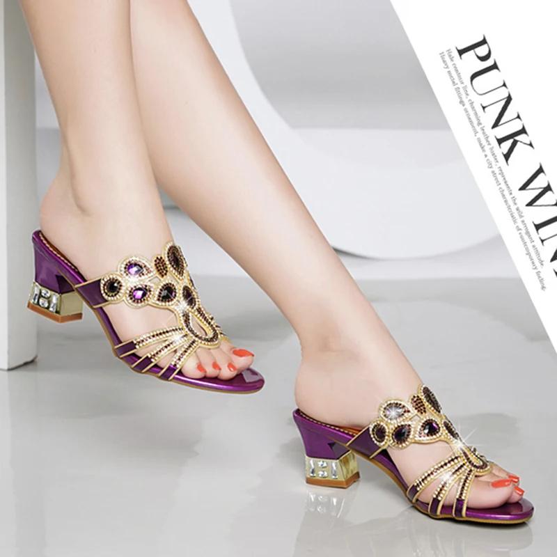 New Women Sandals Thick Heel Inlaid With Bling Diamond Leather Sandals Sexy Open Toe High Heel Summer Party Beach Shoes