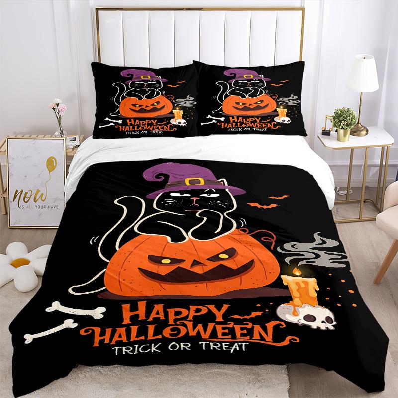 3pcs Trick or Treat cat & Pumpkin Halloween Bedding Set - Includes Quilt Cover and Pillowcases, Suitable for All Seasons N094