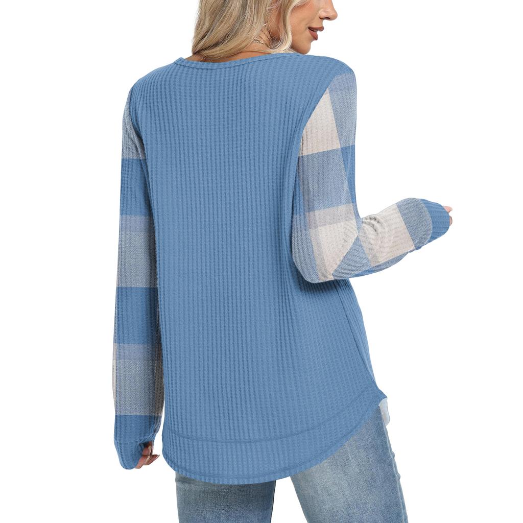 Женский повседневный топ свободного кроя с круглым вырезом и длинными рукавами в клетку