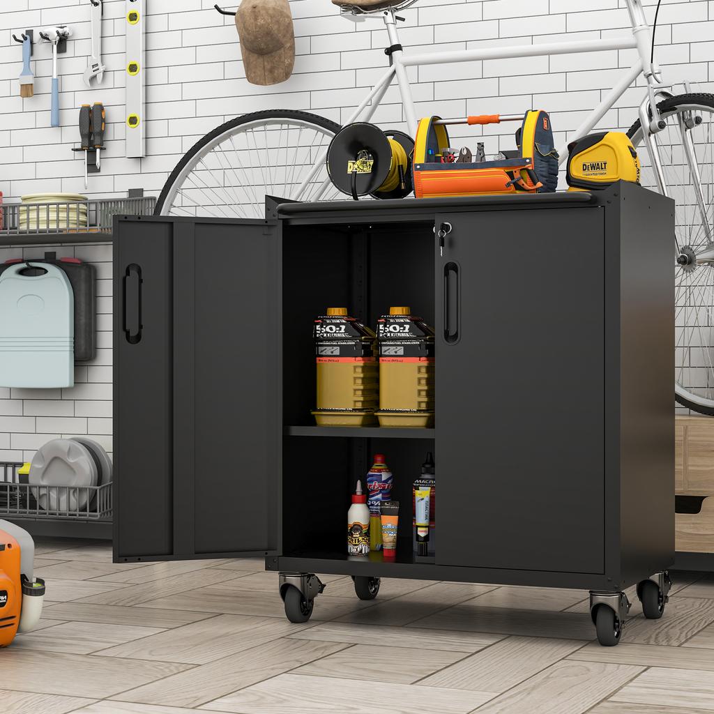 Heavy-Duty Metal Garage Storage Cabinet with Wheels, 75 x 42 x 88 cm, with Lock - Universal for Office, Basement, Workshop (Assembly Required)