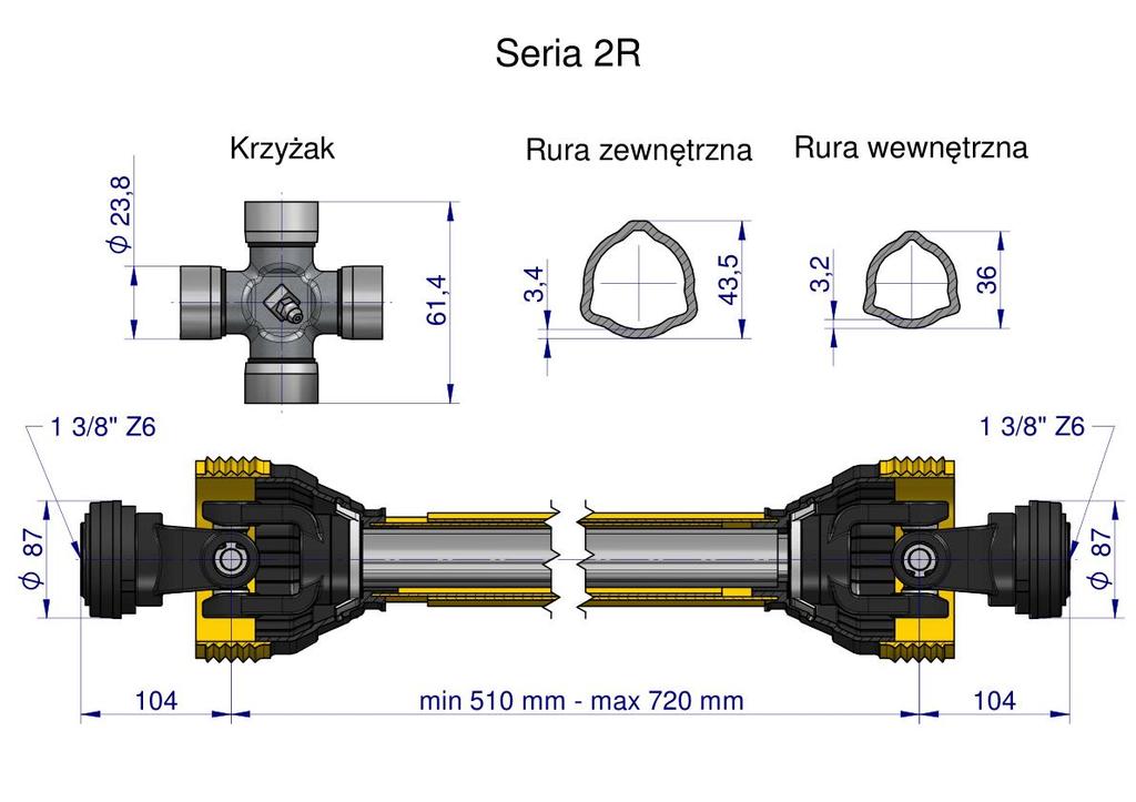 Wał Przegubowo-Teleskopowy 510-720Mm 270Nm 40210 Ce 2020 Seria 2R Waryński Wa25-51
