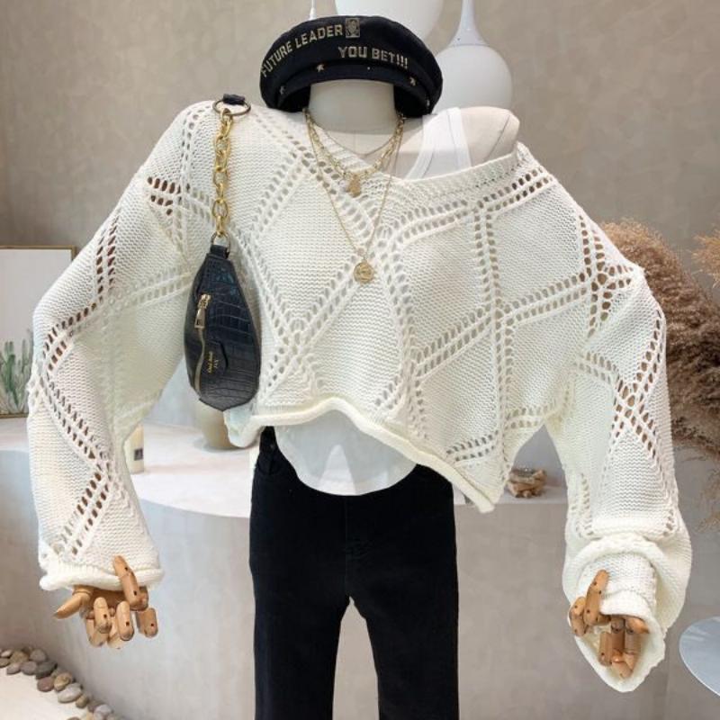 Pullover Sweater Female Early Autumn Diamond Hollow Knitwear Thin Design O Neck Long Sleeve Solid Casual Sweater Top