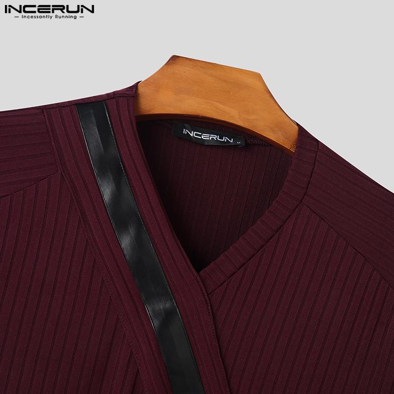 INCERUN Men V Neck Long Sleeve Patchwork Casual Fitted Rib T-shirts Undershirts