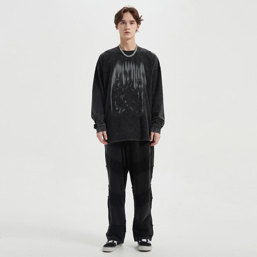 Streetwear Shadows Graphic Washed Black T-Shirt Cotton Unisex Tops Tees Plus Size Long T Shirt